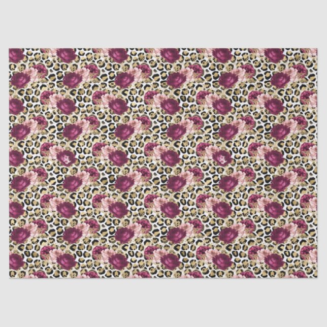 Girly Gold Pink Floral Leopard Print Tissue Paper (Front)