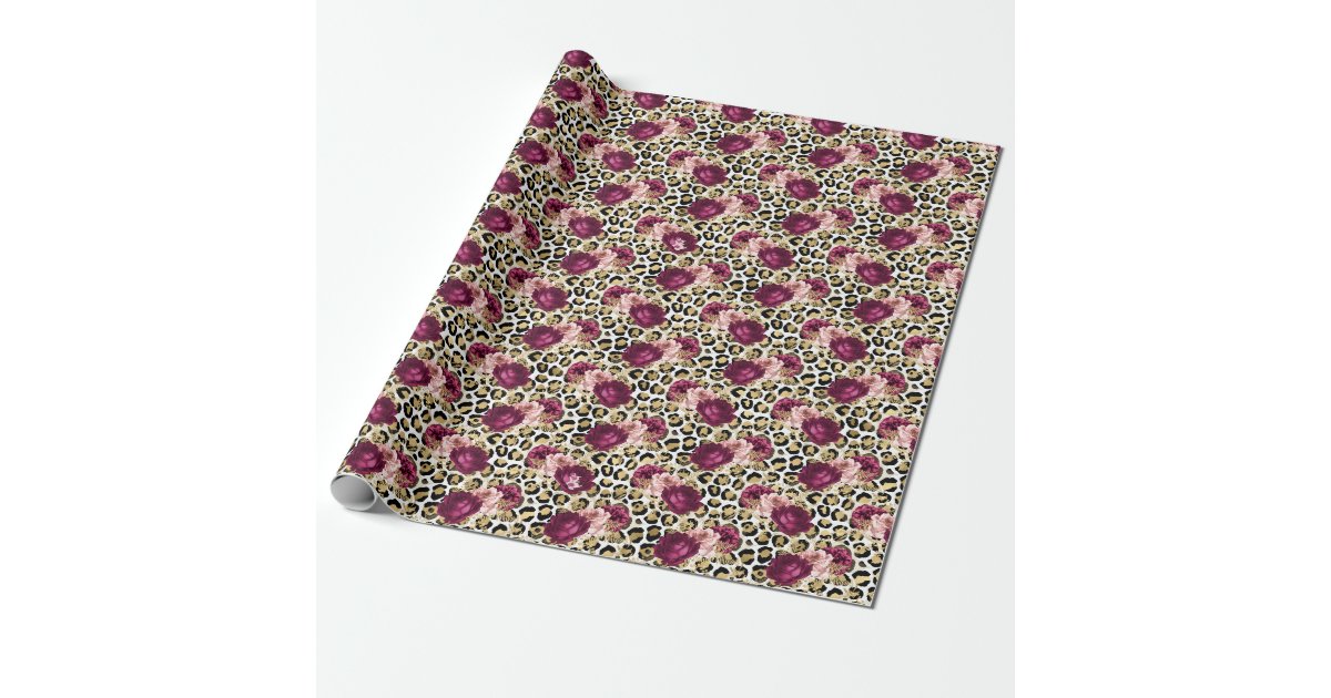 Girly Gold Pink Floral Leopard Print Wrapping Paper | Zazzle