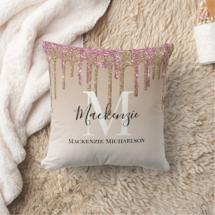 Girly Gold Pink Glitter Monogram Name   Cushion