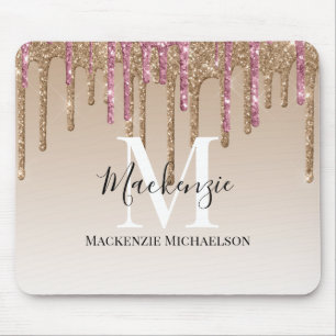 Girly Gold Pink Glitter Monogram Name Mouse Mat