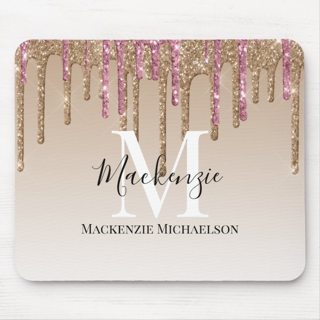 Girly Gold Pink Glitter Monogram Name  Mouse Mat (Front)