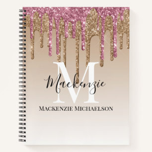 Girly Gold Pink Glitter Monogram Name Notebook