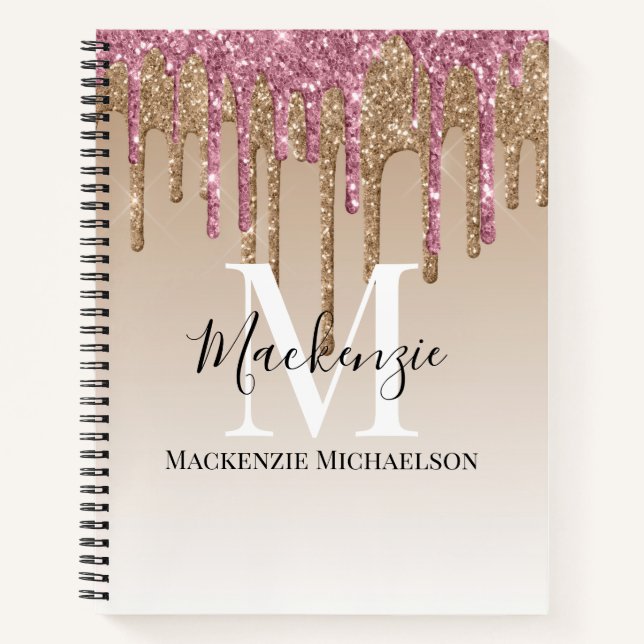 Girly Gold Pink Glitter Monogram Name Notebook (Front)