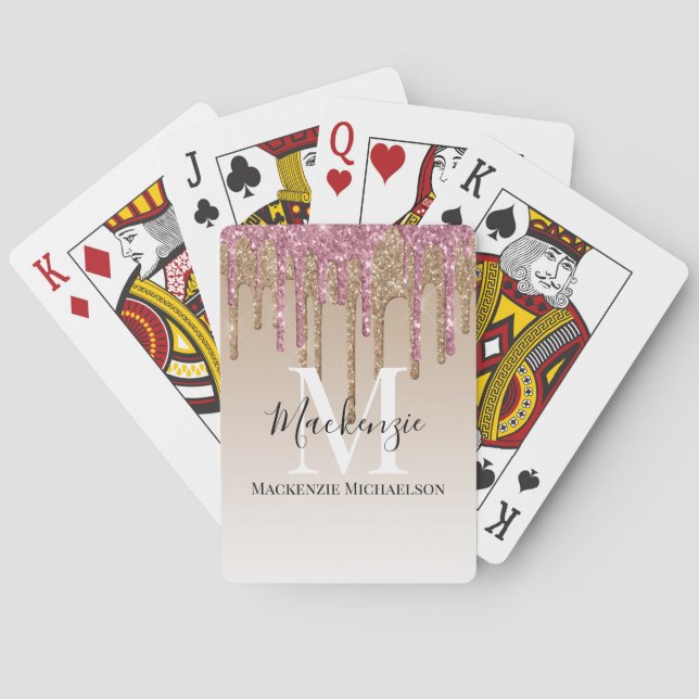 Girly Gold Pink Glitter Monogram Name  Playing Cards (Back)