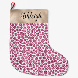 Girly Gold Pink Glitz Leopard Print Large Christmas Stocking
