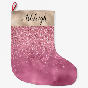 Girly Gold Pink Glitzy Glitter Sparkle Name Large Christmas Stocking