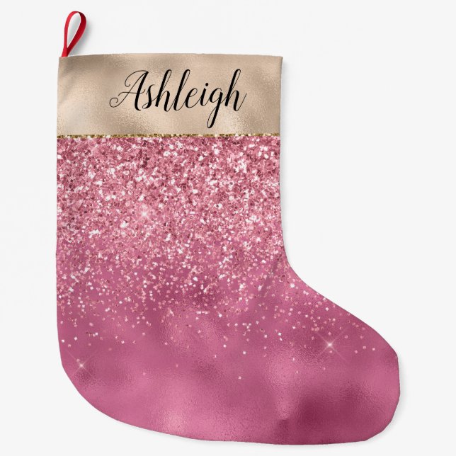 Girly Gold Pink Glitzy Glitter Sparkle Name Large Christmas Stocking (Front)