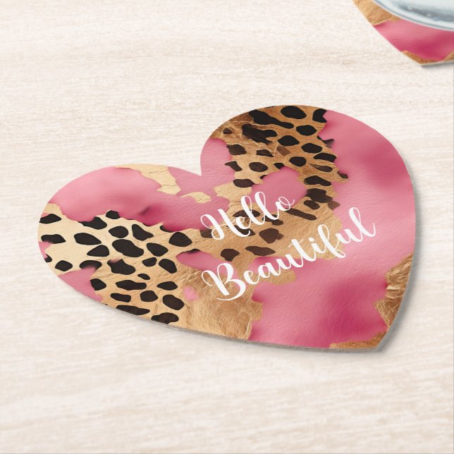 Girly Gold Pink Leopard Paper Coaster (Angled)