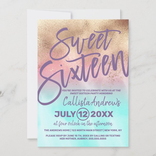 Girly Gold Pink Teal Watercolor Gradient Sweet 16 Invitation (Front)