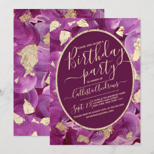 Girly Gold Plum Lilac Acrylic Brushstroke Birthday Invitation