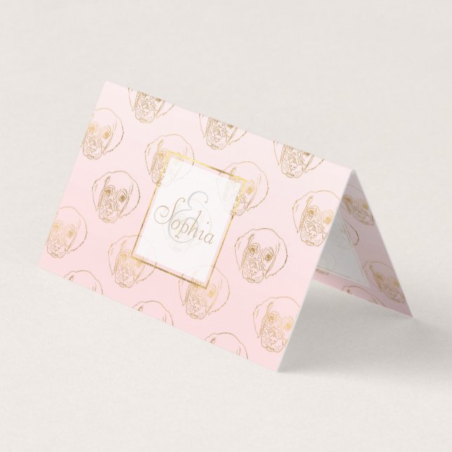 Girly Gold Puppy Dog White Pink Gradient Pattern Business Card (Front)