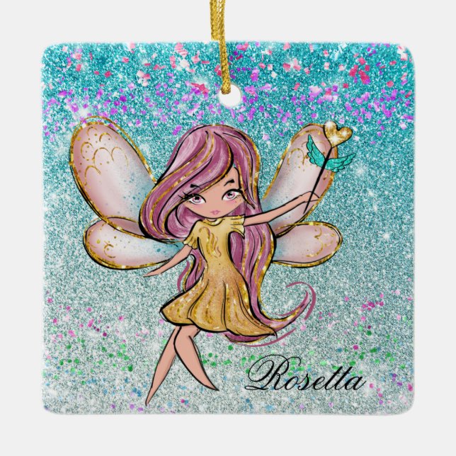 Girly Gold Purple Blue Glitter Sparkle Fairy Dust Ceramic Ornament (Front)