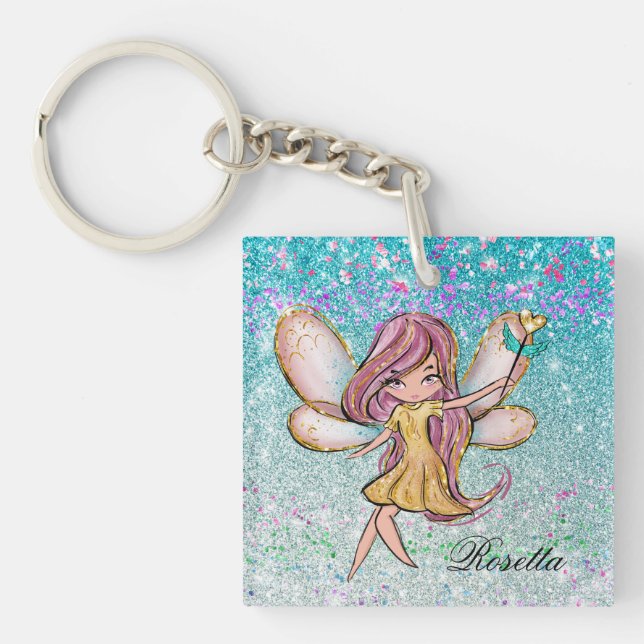 Girly Gold Purple Blue Glitter Sparkle Fairy Dust Key Ring (Front)