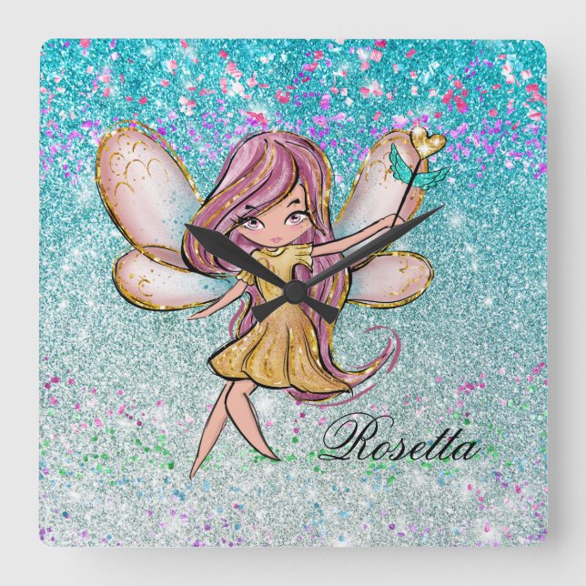 Girly Gold Purple Blue Glitter Sparkle Fairy Dust Square Wall Clock (Front)