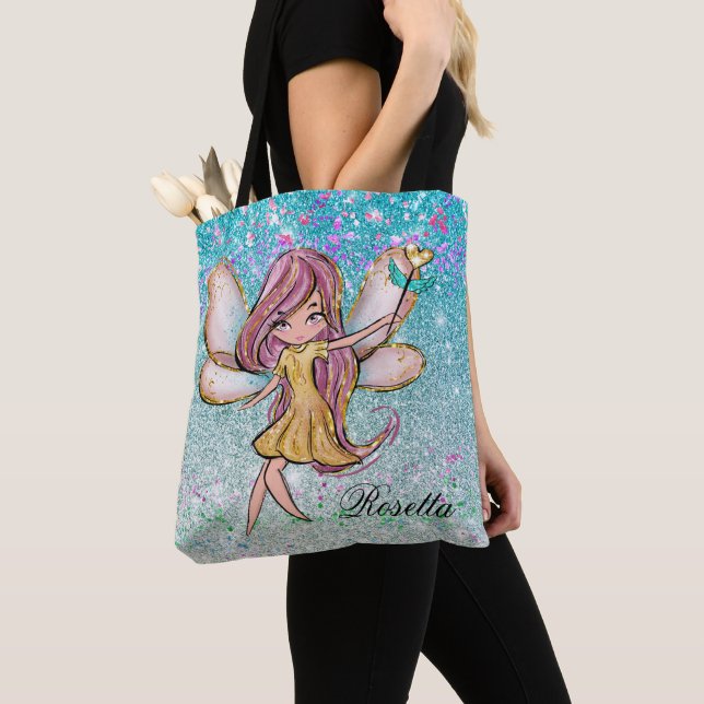 Girly Gold Purple Blue Glitter Sparkle Fairy Dust Tote Bag (Close Up)