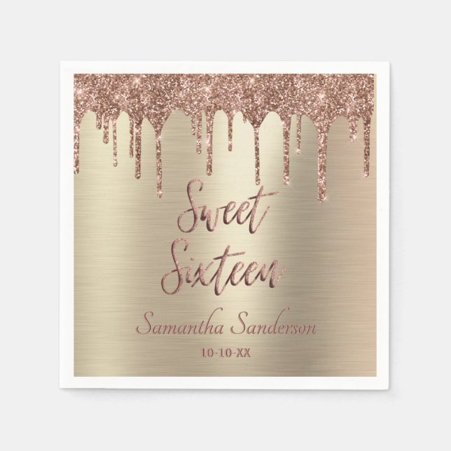 Girly Gold Rose Gold Glitter Drip Sweet 16 Napkin (Front)