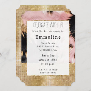 Girly Gold Sparkle Pink Black Cowhide Invitation