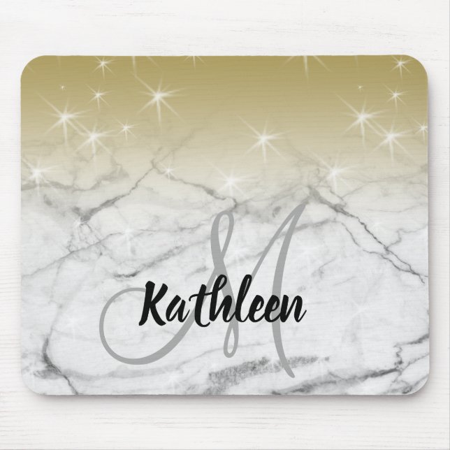 Girly Gold Sparkles Grey Marble Monogram Name Mouse Mat (Front)