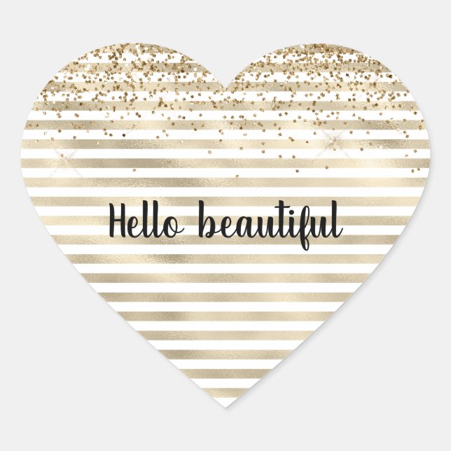 Girly Gold Stripes Glitter Heart Sticker (Front)