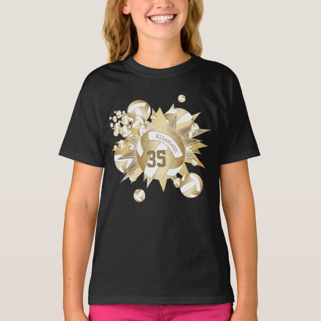 girly gold white volleyballs and stars on black T-Shirt (Front)