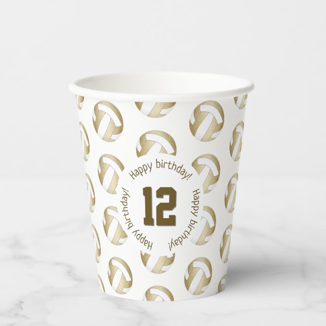 girly gold white volleyballs birthday party paper cups (Front)