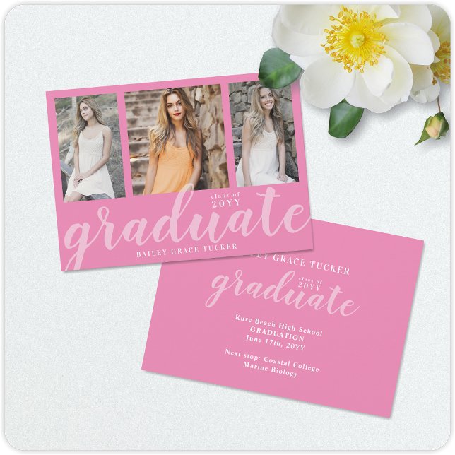 Girly Graduate 3-Photo Collage Pink Graduation Announcement (Creator Uploaded)