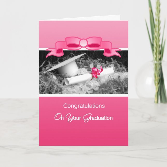 Girly Graduation Congratulations Pink Riboon Card (Front)