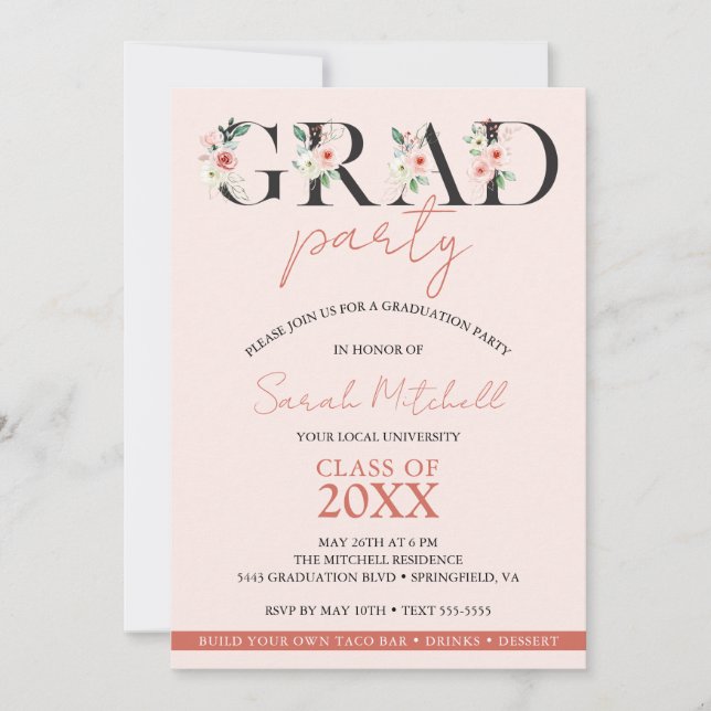Girly Graduation Party Blush Pink Floral  Invitation (Front)