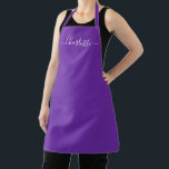 Girly grape purple custom script name monogram apron<br><div class="desc">Personalised grape purple custom modern script name text monogram solid plain colour girly stylish elegant chic grape purple and white text kitchen Apron. Customise,  personalise it with name,  quote,  phrase,  or text.
Great for cooks,  chefs,  pottery,  ceramics,  crafts,  work,  kitchen,  baking,  bbq,  grill,  etc</div>