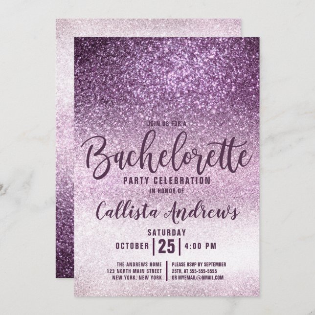 Girly Grape Purple Triple Glitter Bachelorette Invitation (Front/Back)
