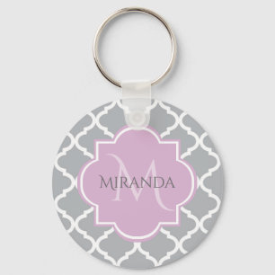 Girly Gray Quatrefoil Lavender Monogram and Name Key Ring