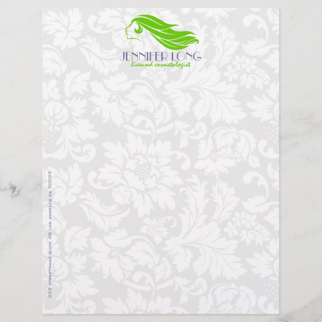 Girly Green And White Damasks Beauty/Cosmetology 2 Custom Letterhead (Front)