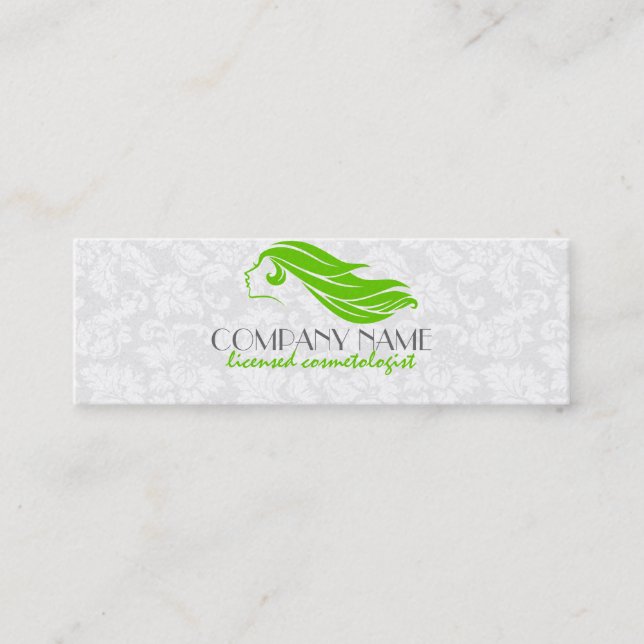 Girly Green And White Damasks Beauty/Cosmetology 2 Mini Business Card (Front)