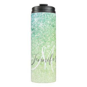 Girly Green Blue Glitter Blush Monogram Name Thermal Tumbler