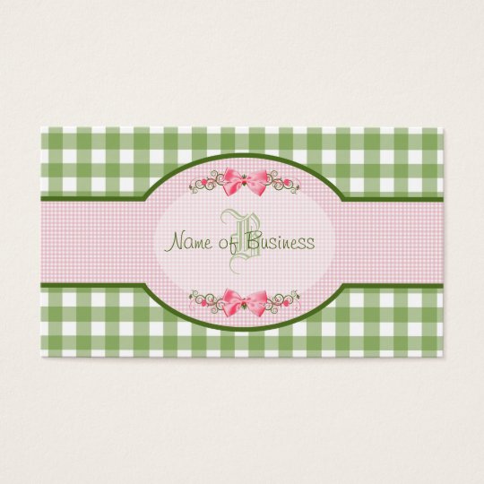 Girly Green Gingham Monogram Country Pink Ribbon Business Card