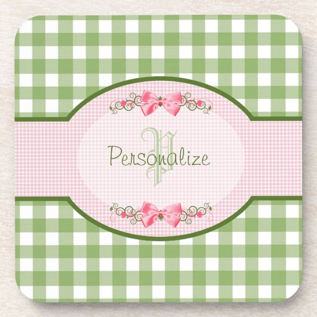 Girly Green Gingham Monogram With Name Coaster (Front)