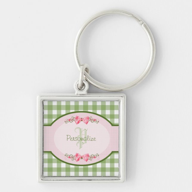 Girly Green Gingham Monogram With Name Key Ring (Front)