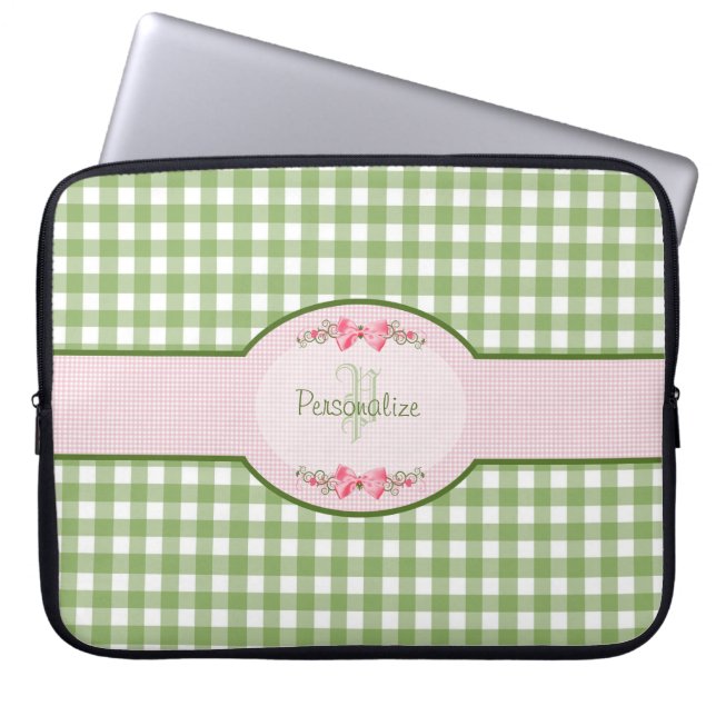 Girly Green Gingham Monogram With Name Laptop Sleeve (Front)