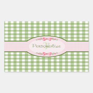 Girly Green Gingham Monogram With Name Rectangular Sticker