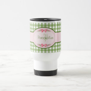 Girly Green Gingham Monogram With Name Travel Mug