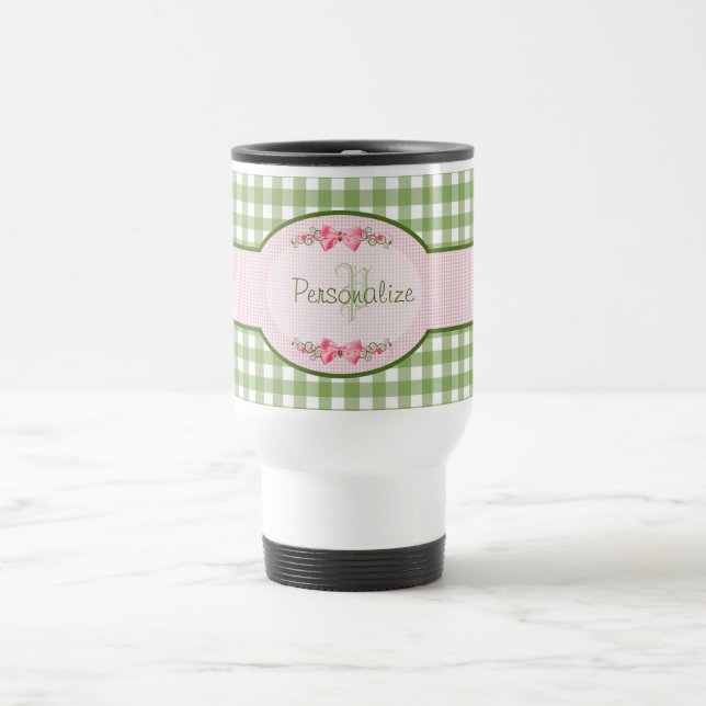 Girly Green Gingham Monogram With Name Travel Mug (Center)
