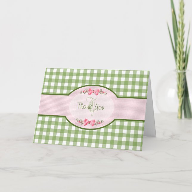 Girly Green Gingham Thank You With Monogram Card (Front)