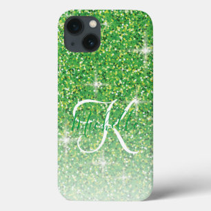 Girly Green Glitter Sparkles Monogram Script Name iPhone 13 Case