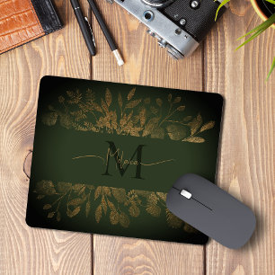 Girly Green & Gold glitter Vintage floral Monogram Mouse Mat