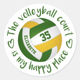 girly green gold volleyball court my happy place classic round sticker