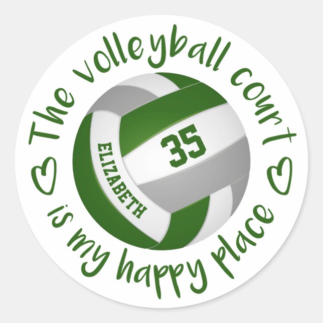 girly green grey volleyball court my happy place classic round sticker (Front)