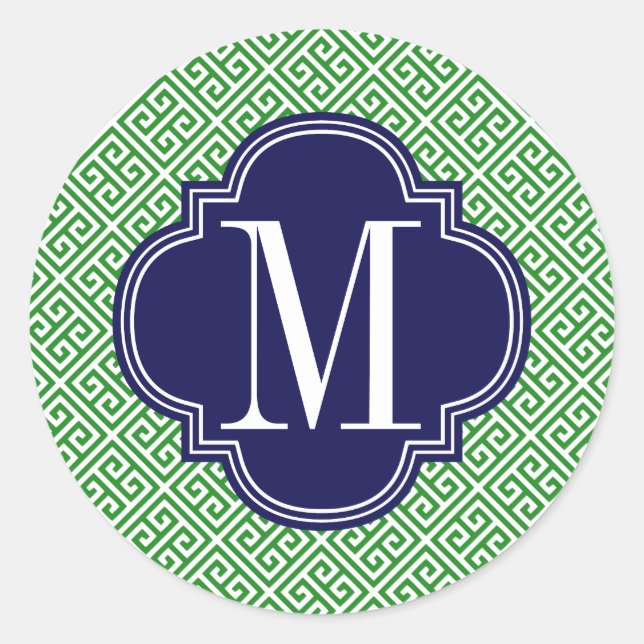 Girly Green & Navy Greek Key Pattern Custom Classic Round Sticker (Front)