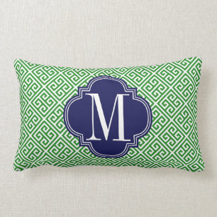 Girly Green & Navy Greek Key Pattern Custom Lumbar Cushion