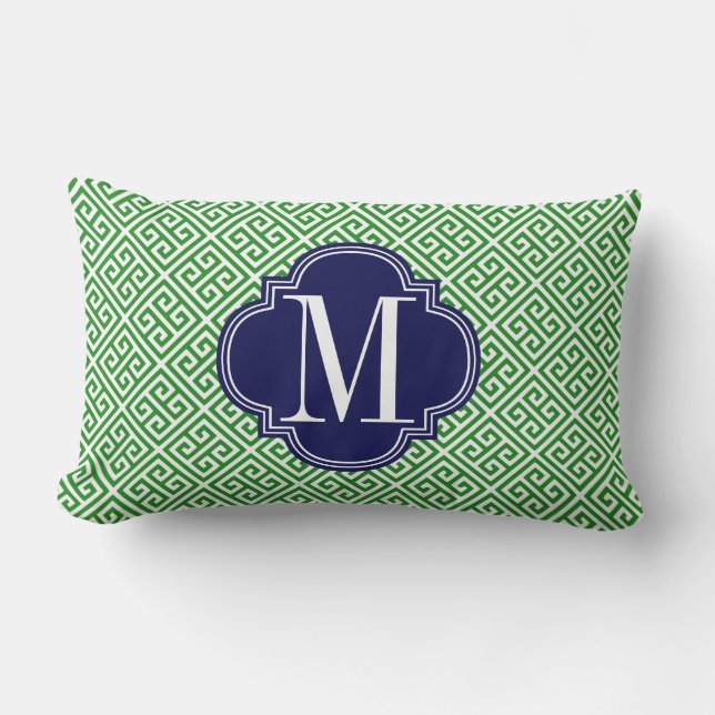 Girly Green & Navy Greek Key Pattern Custom Lumbar Cushion (Front)