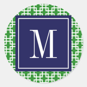 Girly Green & Navy Squares Pattern Custom Classic Round Sticker